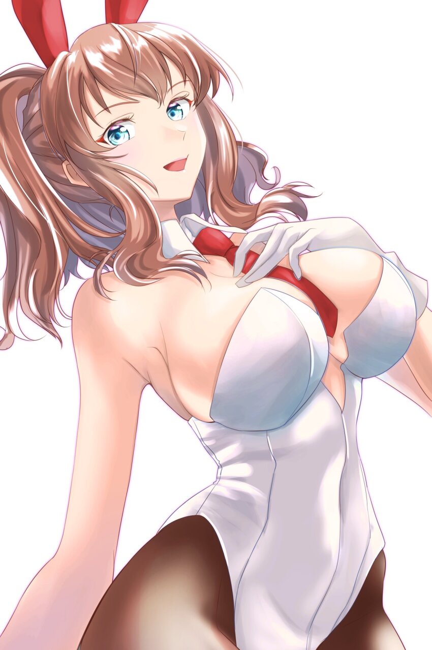 1girl, animal_ears, between_breasts, blue_eyes, bow, bowtie, breasts, brown_hair, brown_pantyhose, detached_collar, hair_between_eyes, high_side_ponytail, highleg, highleg_leotard, highres, kantai_collection, large_breasts, leotard, looking_at_viewer, necktie, open_mouth, pantyhose, playboy_bunny, ponytail, rabbit_ears, red_necktie, saratoga_(kancolle), side_ponytail, smile, solo, strapless, strapless_leotard, traditional_bowtie, tsukasa_(tukasa_br), upper_body, white_leotard, wrist_cuffs
