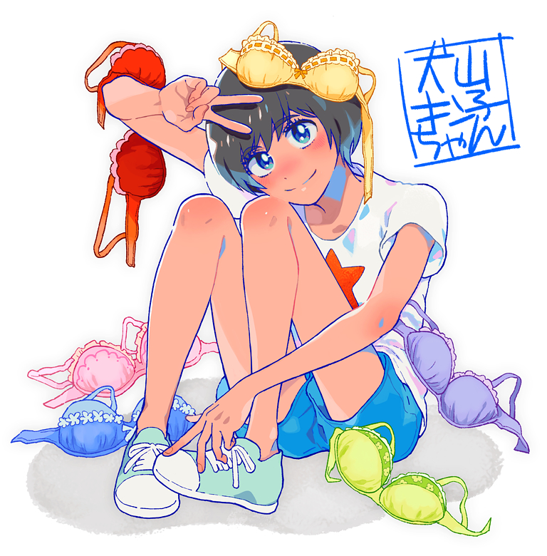 1girl, aqua_shoes, blue_bra, blue_eyes, bra, bra_on_head, bright_pupils, brown_hair