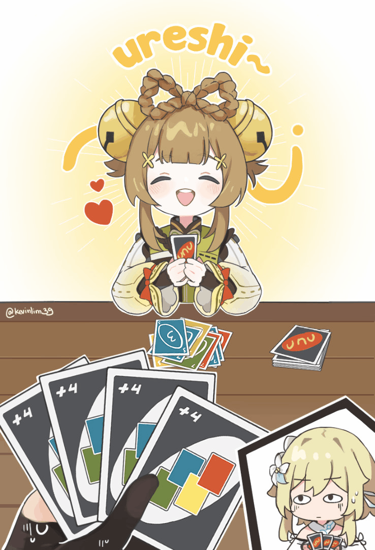 animated, animated_gif, artist_name, blonde_hair, brown_hair, card_(medium), english_text, flower, genshin_impact, hair_flower, hair_ornament, kevin_lim, lumine_(genshin_impact), smile, uno_(game), yaoyao_(genshin_impact)