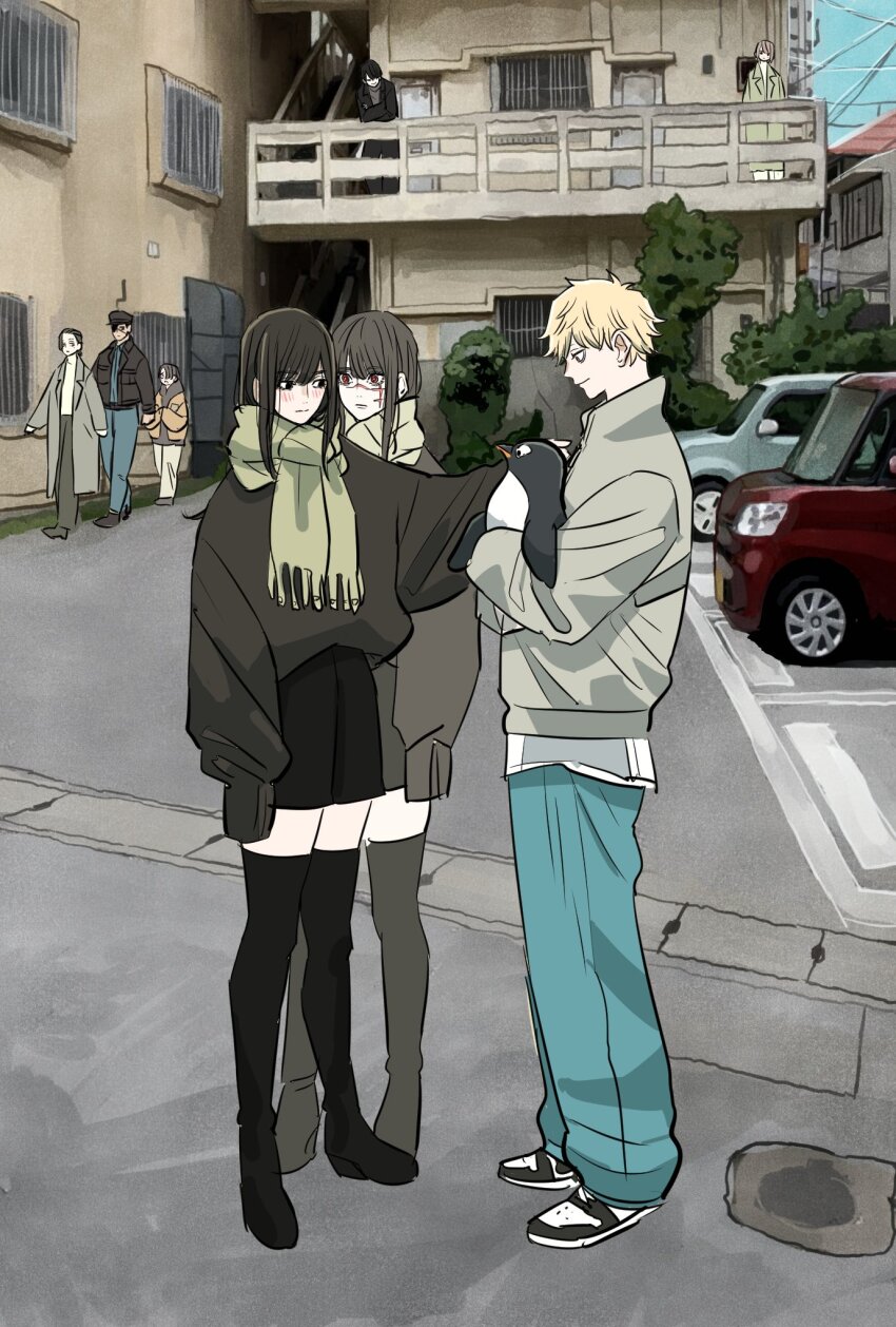 3girls, 5girls, against_railing, akoku_seigi, animal, animal_hug, baggy_clothes, balcony