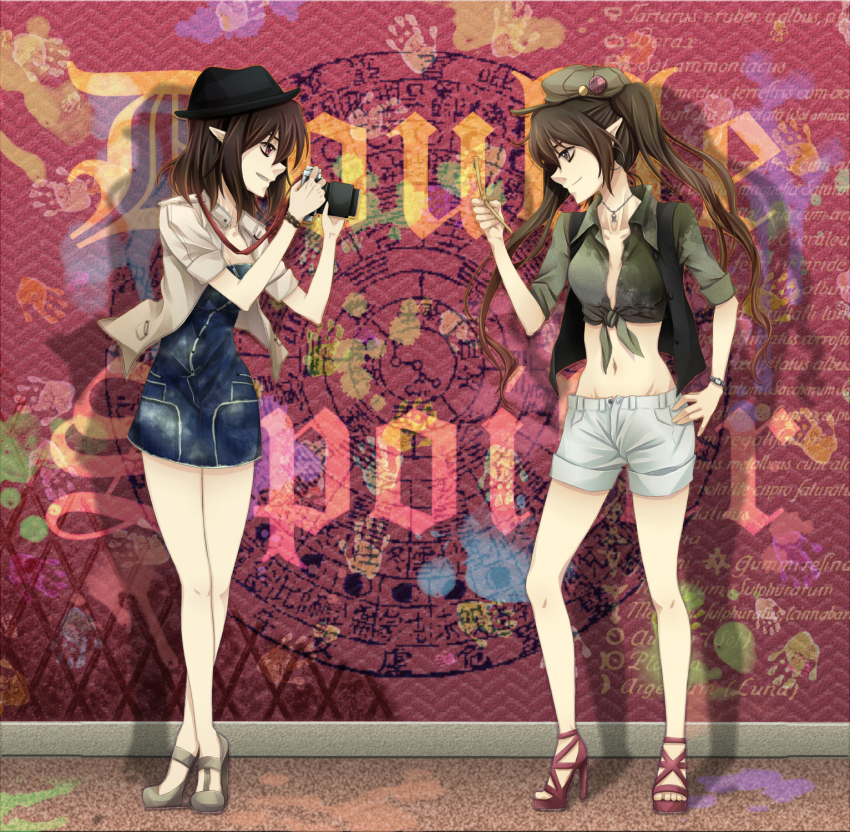 2girls, alternate_costume, ankle_lace-up, artistic_error, bad_id, bad_pixiv_id, brown_eyes, brown_hair