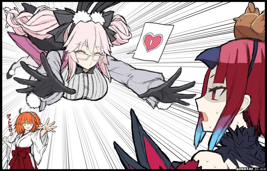 3girls, ahoge, animal_ears, beni-enma, beni-enma_alter, black_border, black_gloves, border, breasts, diving, emphasis_lines, fate/grand_order, fate_(series), fujimaru_ritsuka_(female), fujimaru_ritsuka_(female)_(new_year's_attire), gloves, heart, highres, incoming_kiss, japanese_clothes, koyanskaya_(assassin)_(second_ascension)_(fate), koyanskaya_(fate), large_breasts, long_hair, miko, multiple_girls, noyamanohana, orange_eyes, orange_hair, pink_hair, rabbit_ears, red_eyes, red_hair, shaded_face, spoken_heart, sweat, twintails, wide_sleeves