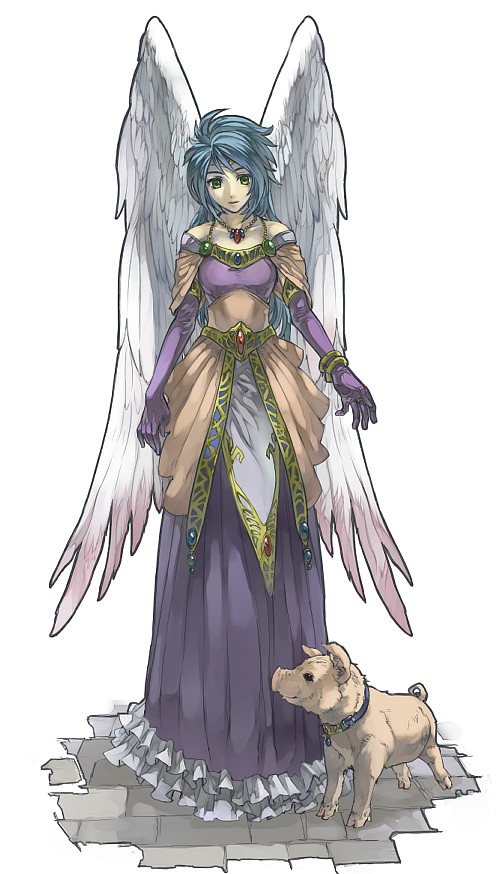 1girl, angel_wings, bad_id, bad_pixiv_id, blue_hair, breath_of_fire, breath_of_fire_ii, dress, elbow_gloves, female_focus, frills, gloves, green_eyes, jewelry, long_hair, mina_(breath_of_fire), necklace, pig, ryuu_(mat_hin), solo, suzy, tiara, white_wings, wings