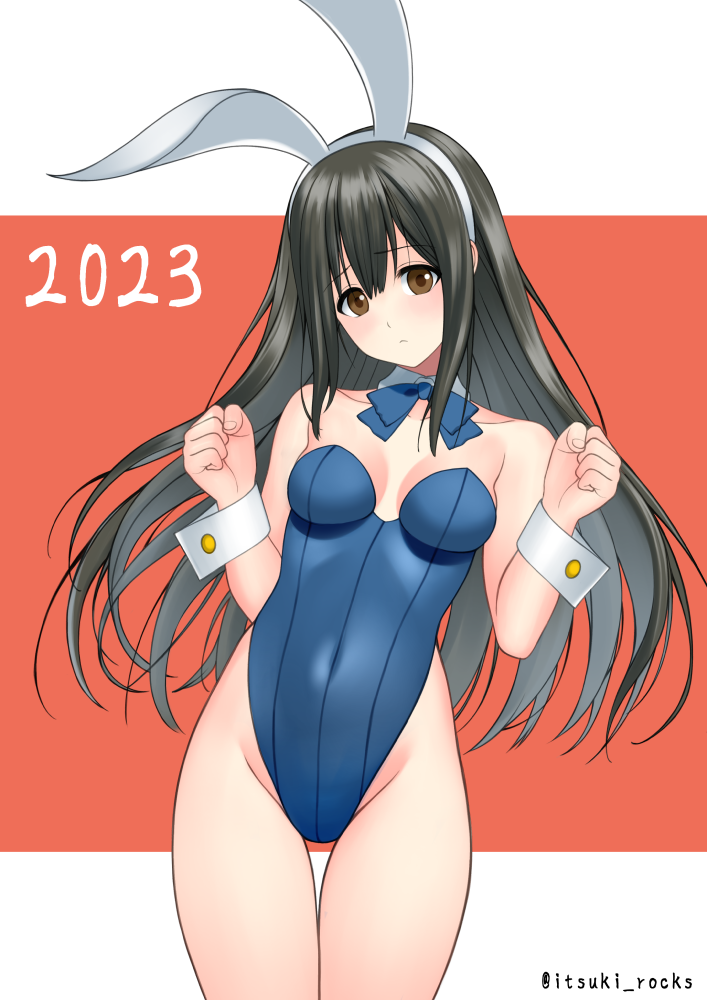 1girl, 2023, animal_ears, bare_legs, black_hair, blue_bow, blue_bowtie, blue_leotard, bow, bowtie, brown_eyes, commentary_request, cowboy_shot, detached_collar, fake_animal_ears, highleg, highleg_leotard, itsuki_(rocketride), leotard, long_hair, original, playboy_bunny, rabbit_ears, solo, strapless, strapless_leotard, thigh_gap, wrist_cuffs