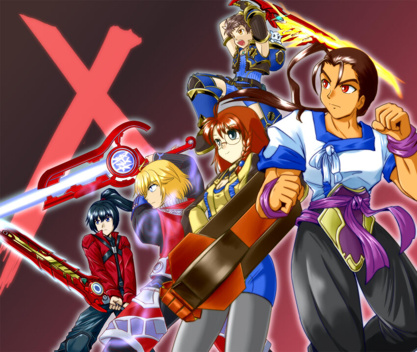 1girl, 4boys, aegis_sword_(xenoblade), armor, black_hair, blonde_hair, blue_eyes, braid