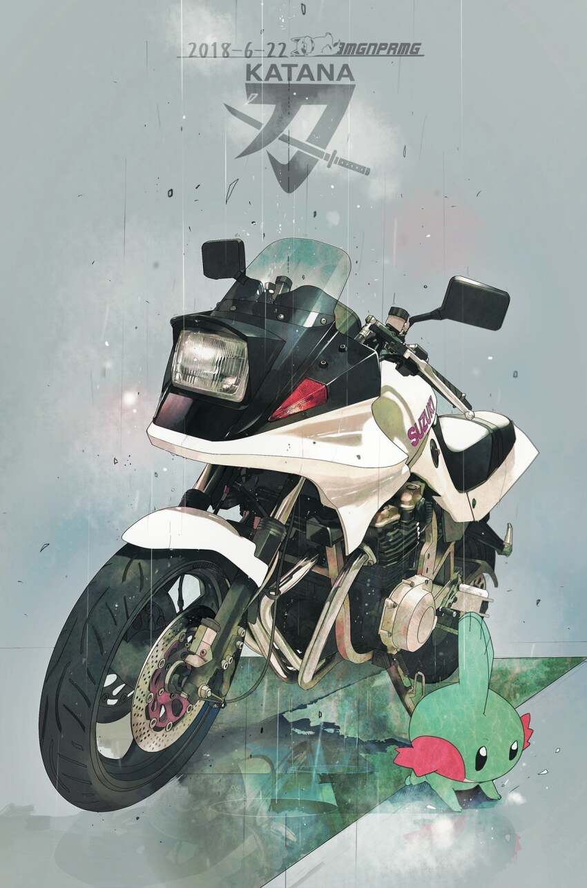 black_eyes, dated, gen_3_pokemon, highres, megaron, motor_vehicle, motorcycle, mudkip, nintendo, no_humans, pokemon, pokemon_(creature), rain, reflection, suzuki_(company), suzuki_gsx-250s, vehicle_focus