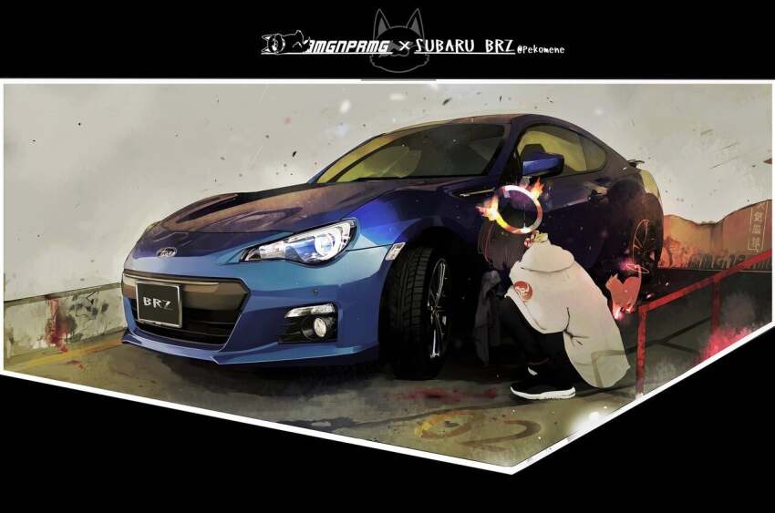 1girl, black_footwear, black_pants, brown_hair, car, cat, graffiti, grey_hoodie