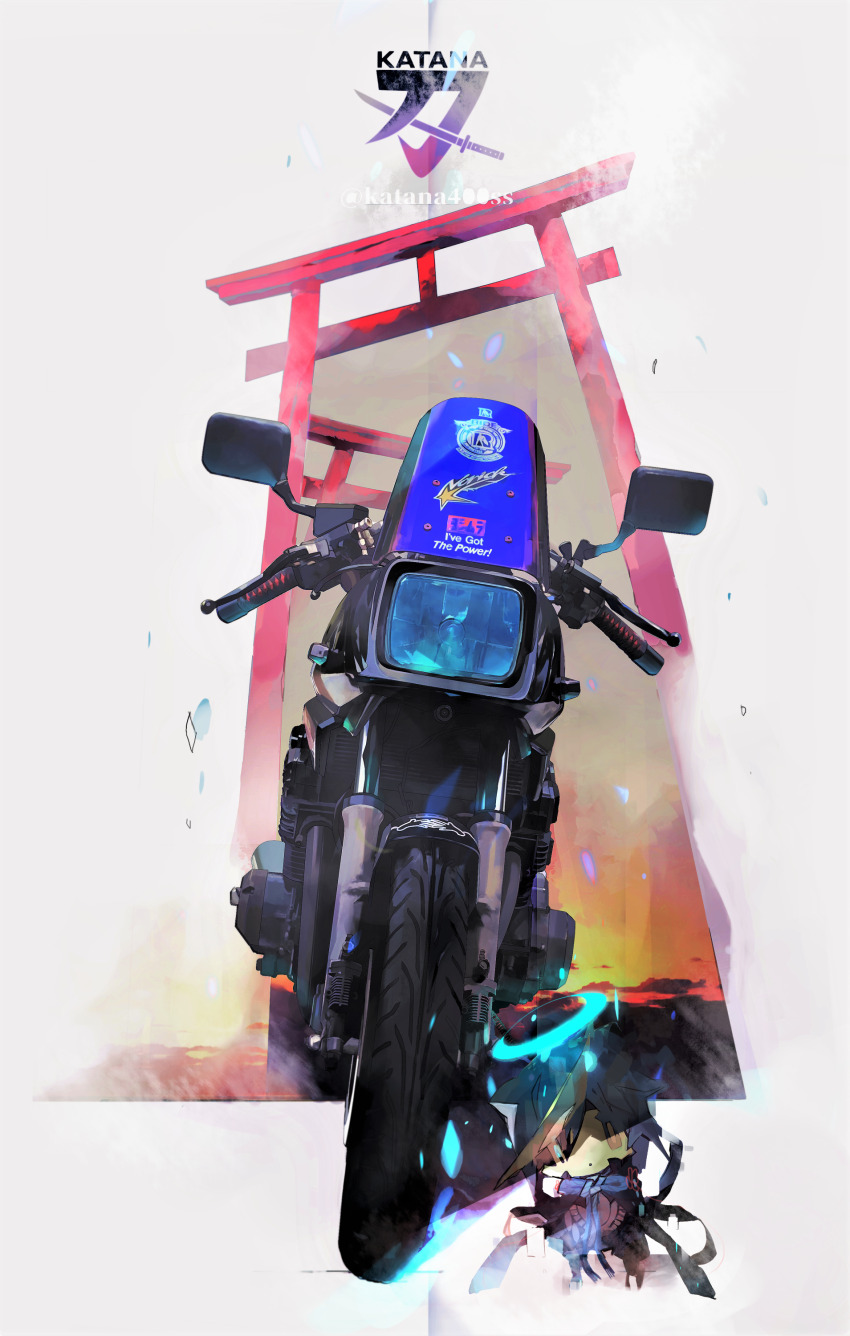 1boy, absurdres, black_jacket, blonde_hair, blue_eyes, blue_hair, brown_eyes, chibi, halo, heterochromia, highres, jacket, looking_at_viewer, megaron, motor_vehicle, motorcycle, multicolored_hair, original, streaked_hair, suzuki_(company), suzuki_gsx-250s, torii, vehicle_focus