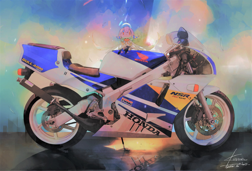 1girl, chibi, dated, from_side, gloves, halo, highres, honda