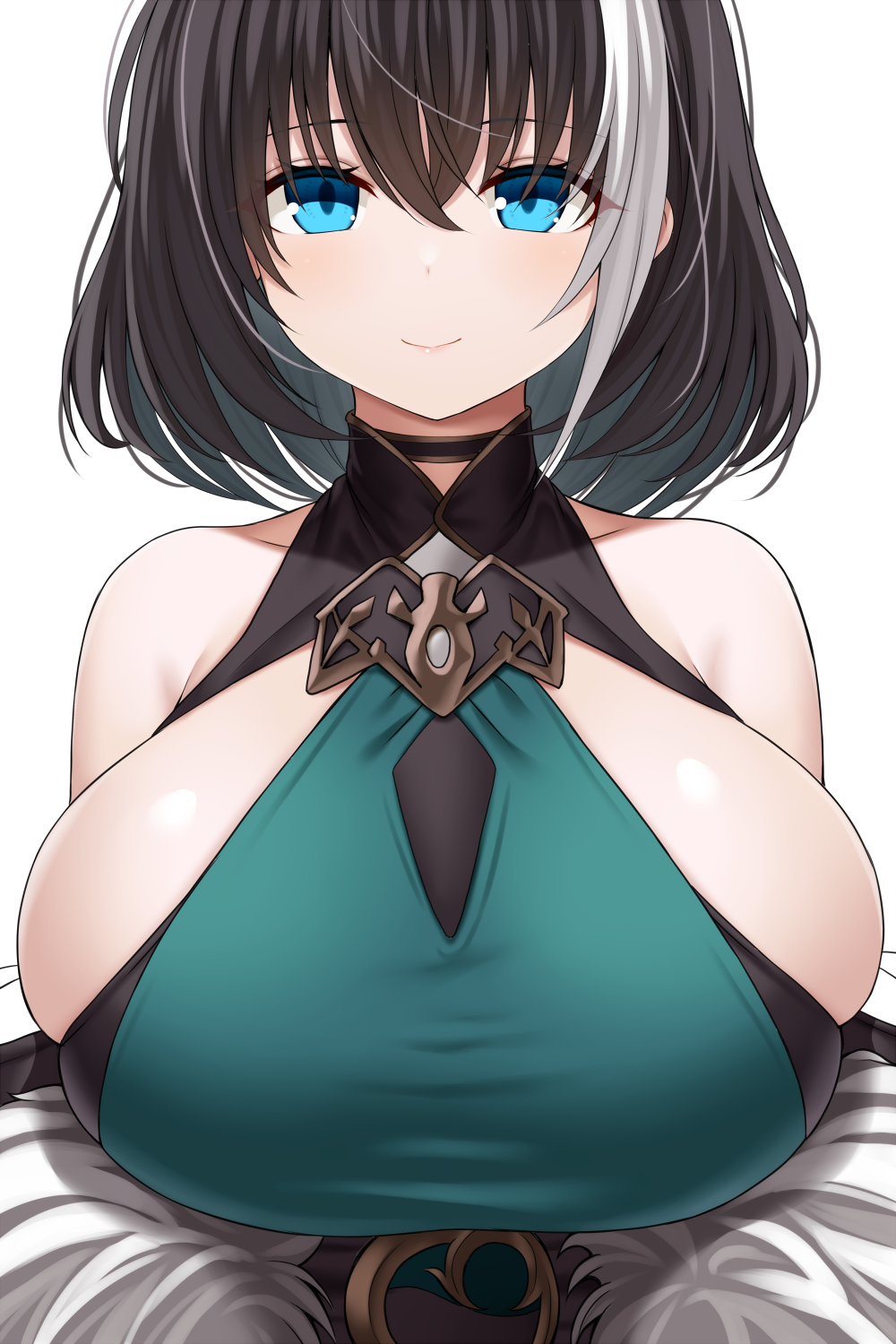 1girl, asamura_hiori, azur_lane, bare_shoulders, black_hair, blue_eyes, blush, breasts, dress, green_dress, halterneck, highres, huge_breasts, hwah_jah_(azur_lane), looking_at_viewer, multicolored_hair, sideboob, smile, solo, streaked_hair, white_hair