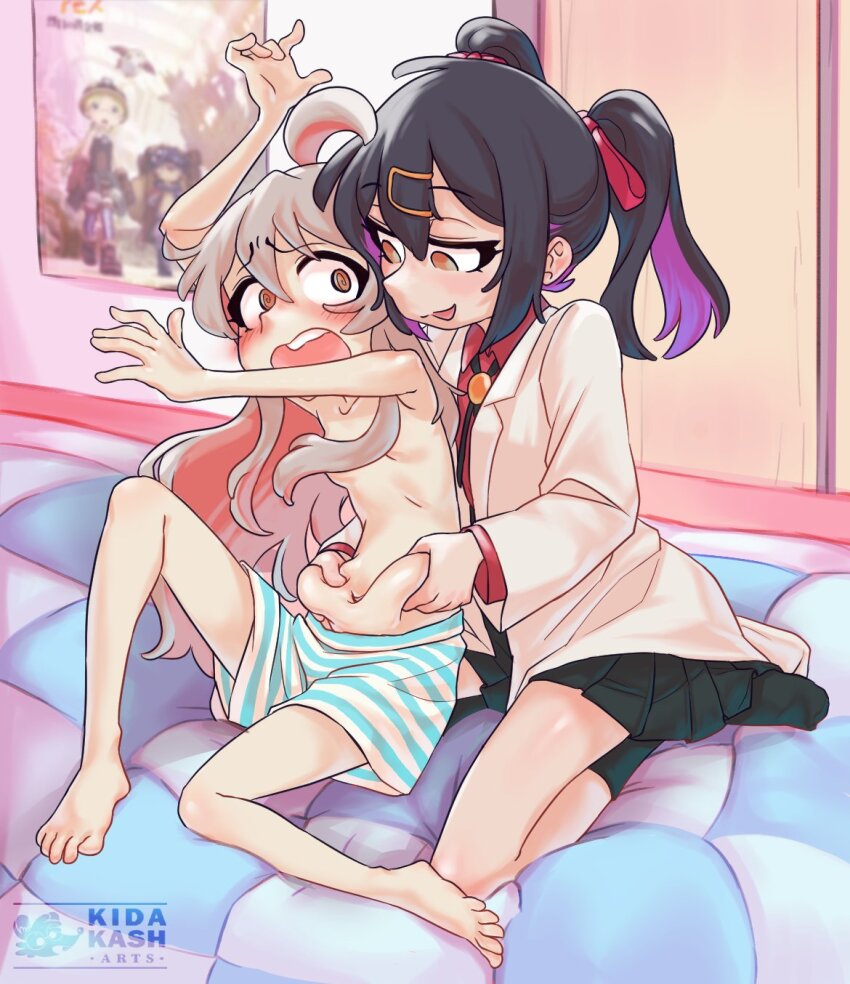 2girls, :d, arms_up, belly, belly_grab, black_hair, black_socks, blonde_hair, blurry, blurry_background, blush, brown_eyes, collared_shirt, colored_inner_hair, d:, dress_shirt, flustered, futon, genderswap, genderswap_(mtf), grabbing_from_behind, hair_between_eyes, hair_ornament, hairclip, highres, incest, kidakash, lab_coat, long_hair, made_in_abyss, meinya_(made_in_abyss), multicolored_hair, multiple_girls, naughty_face, navel, onii-chan_wa_oshimai!, open_mouth, oyama_mahiro, oyama_mihari, pleated_skirt, poster_(object), reg_(made_in_abyss), riko_(made_in_abyss), self-upload, shirt, shorts, siblings, sisters, sitting, skirt, smile, socks, spread_legs, stomach, thighs, twintails, wariza