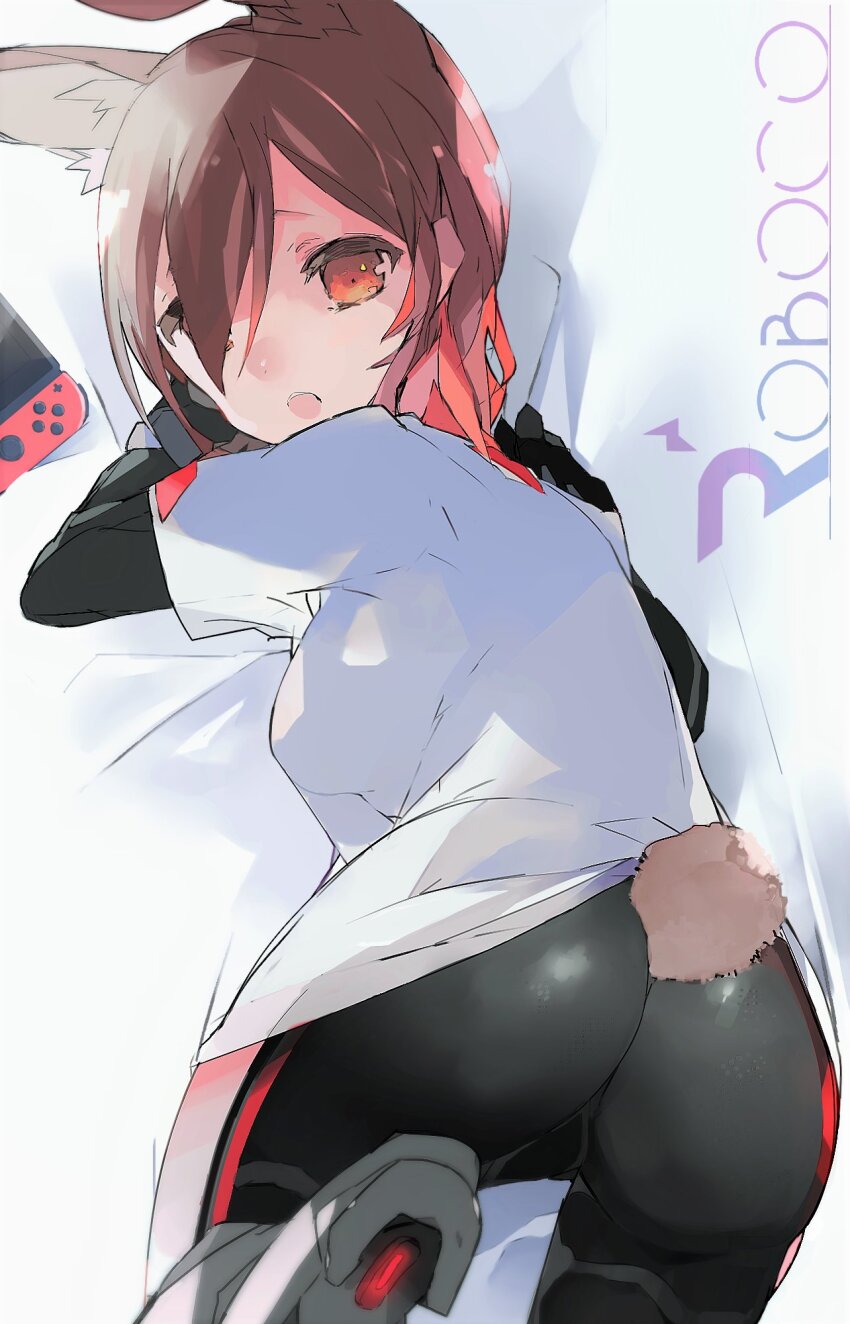 1girl, animal_ears, ass, bed, bottomless, character_name, from_behind, hair_behind_ear, highres, hololive, looking_at_viewer, looking_back, lying, mechanical_arms, mechanical_legs, medium_hair, megaron, multicolored_hair, nintendo_switch, on_stomach, rabbit_ears, rabbit_tail, red_hair, roboco-san, roboco-san_(high-spec_t-shirt), shirt, solo, tail, two-tone_hair, virtual_youtuber, white_shirt