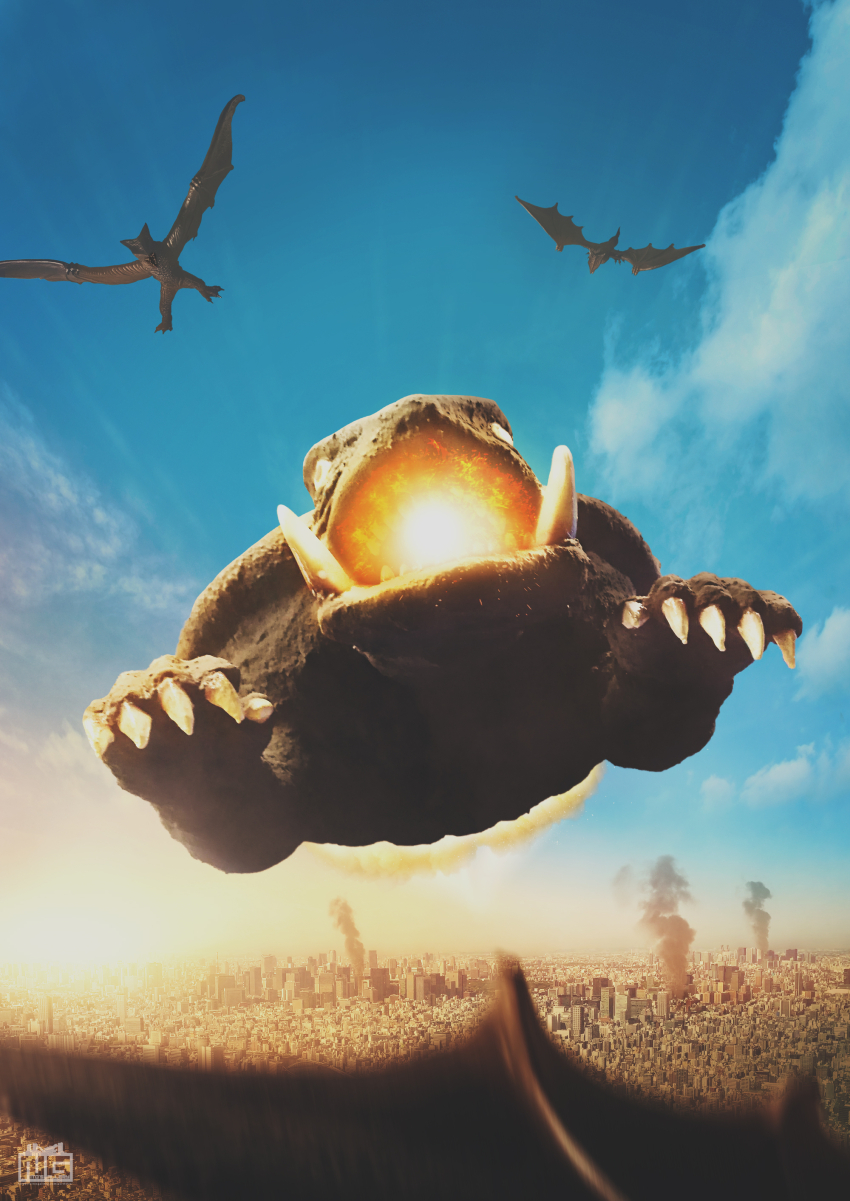 absurdres, aerial_battle, battle, city, daiei_film, day, dual_persona, energy