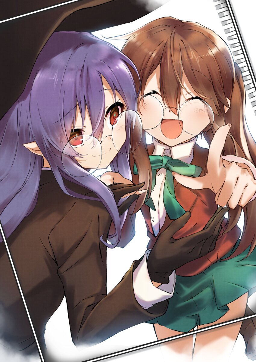 2girls, absurdres, ayanoi_high_school_uniform, blue_hair, blush, bow, bowtie, brown_hair