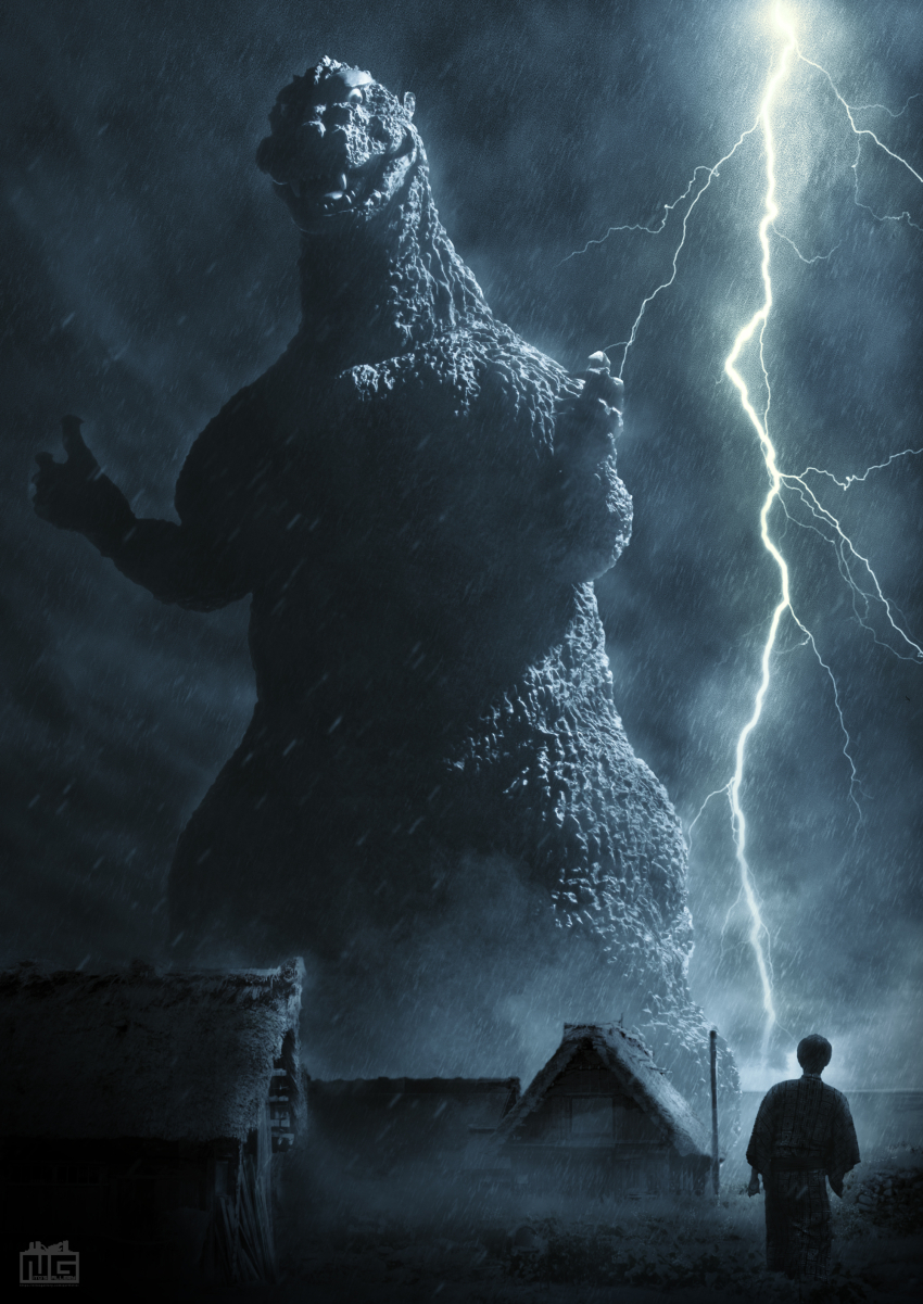 absurdres, building, dinosaur, electricity, godzilla, godzilla_(1954_movie), godzilla_(series), highres, house, japanese_clothes, kaiju, kimono, lightning, monochrome, night, nobuhiko_ito, rain, storm, toho, village
