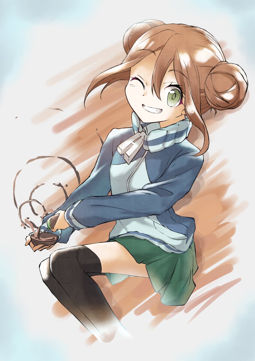 1girl, absurdres, ayanoi_high_school_uniform, black_socks, brown_hair, clenched_teeth, ga_geijutsuka_art_design_class, green_eyes