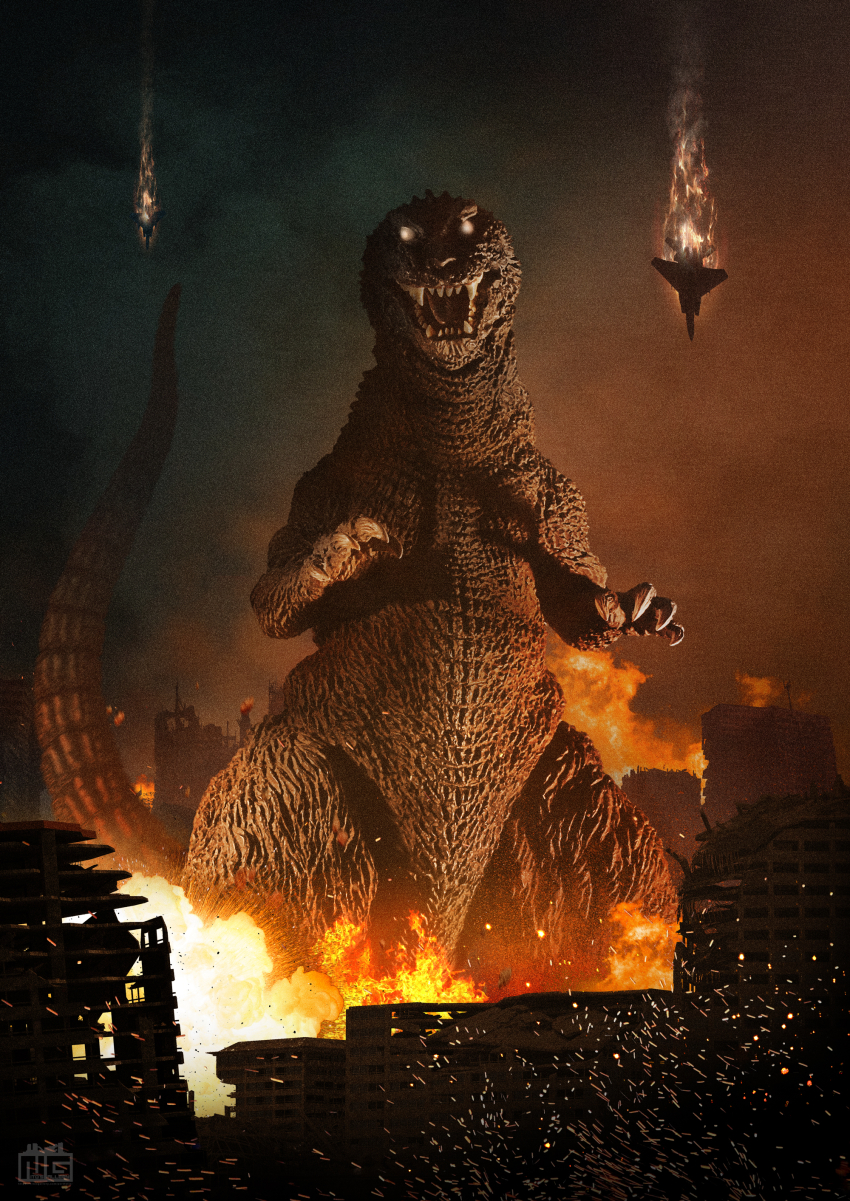 absurdres, aircraft, airplane, city, destruction, dinosaur, embers, fighter_jet, fire, glowing, glowing_eyes, godzilla, _mothra_and_king_ghidorah:_giant_monsters_all-out_attack, godzilla_(series), highres, kaiju, military, military_vehicle, night, no_pupils, nobuhiko_ito, possessed, toho, undead, white_eyes