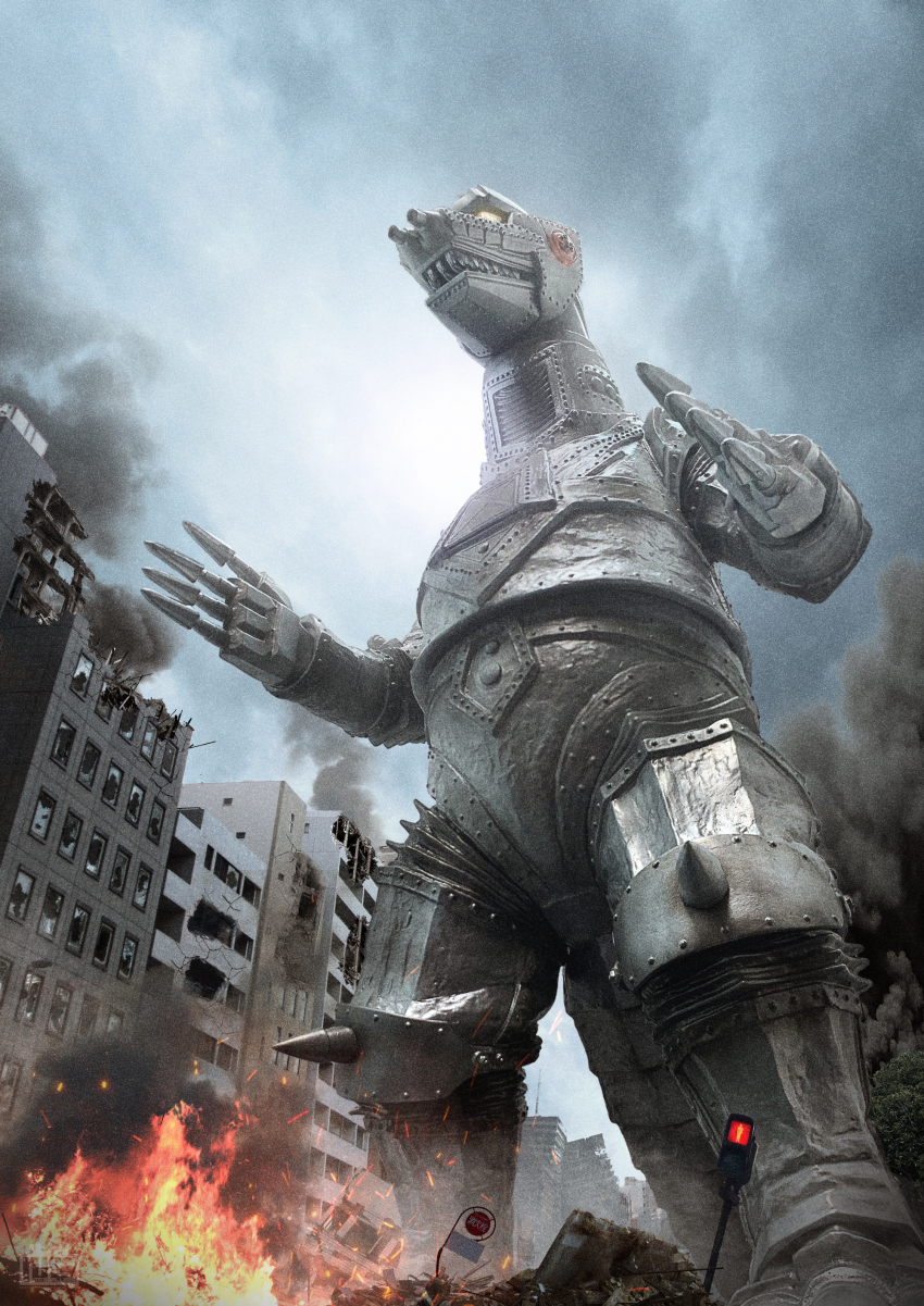 absurdres, city, day, destruction, embers, fire, glowing, glowing_eyes