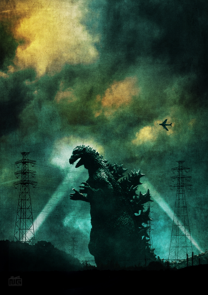 absurdres, aircraft, airplane, cloud, cloudy_sky, dinosaur, fighter_jet, godzilla