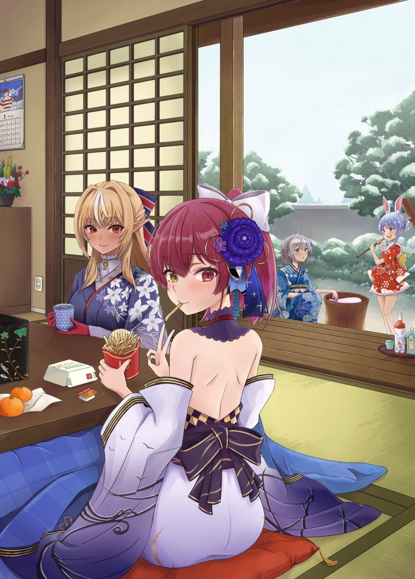 4girls, absurdres, alcohol, animal_ear_fluff, animal_ears, architecture, backless_kimono, backless_outfit