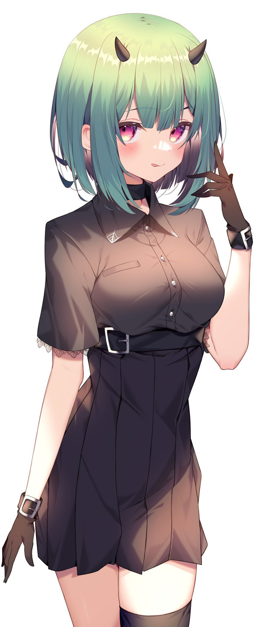 1girl, :q, belt, black_choker, black_gloves, black_shirt, black_skirt, black_thighhighs