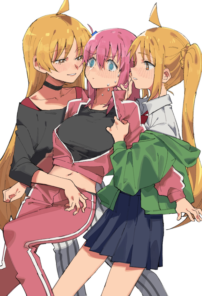 3girls, @_@, ahoge, asymmetrical_hair, black_choker, blonde_hair, blue_eyes, blue_skirt