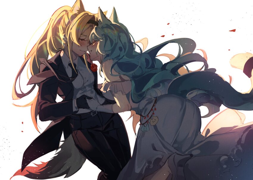 2girls, absurdres, animal_ears, arknights, blonde_hair, blush, cat_ears, cat_girl