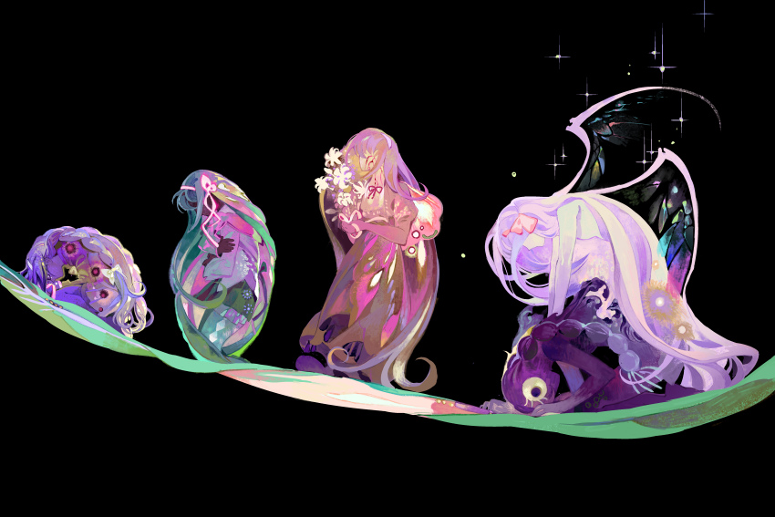 5girls, absurdres, akemi_homura, akemi_homura_(magical_girl), akuma_homura, argyle_clothes, argyle_legwear, black_background, blue_hair, bow, braid, butterfly_wings, chinese_commentary, cocoon, colored_skin, commentary_request, cracked_skin, crossed_arms, dress, ecdysis, faceless, flower, from_side, full_body, green_pantyhose, hair_bow, hair_ribbon, hairband, hand_on_own_arm, highres, holding, holding_flower, homulilly, ink_(303682546), insect_wings, jacket, juliet_sleeves, kneeling, leaf, long_hair, long_sleeves, mahou_shoujo_madoka_magica, mahou_shoujo_madoka_magica:_hangyaku_no_monogatari, multicolored_hair, multiple_girls, multiple_persona, neck_ribbon, pantyhose, pink_dress, pink_hair, pink_hairband, profile, prostration, puffy_sleeves, purple_hair, purple_jacket, purple_skin, purple_skirt, ribbon, sequential, shedding, simple_background, skirt, sparkle, standing, transformation, twin_braids, very_long_hair, white_flower, white_skin, wings