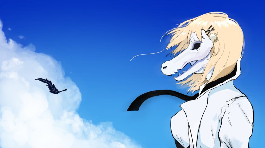 1girl, absurdres, alligator_mask, anrepoi, black_necktie, blonde_hair, blue_sky, feathers