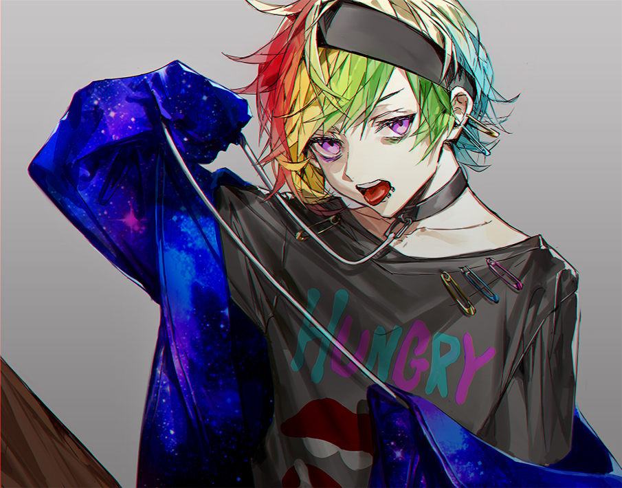 1boy, bobby_pin, choker, collar, grey_background, headband, holding, holding_leash, iida_rintarou, leash, looking_at_viewer, male_focus, multicolored_hair, ookami_game_(studio_wasabi), pink_eyes, rainbow_hair, solo, space_print, starry_sky_print, user_kuwk3885