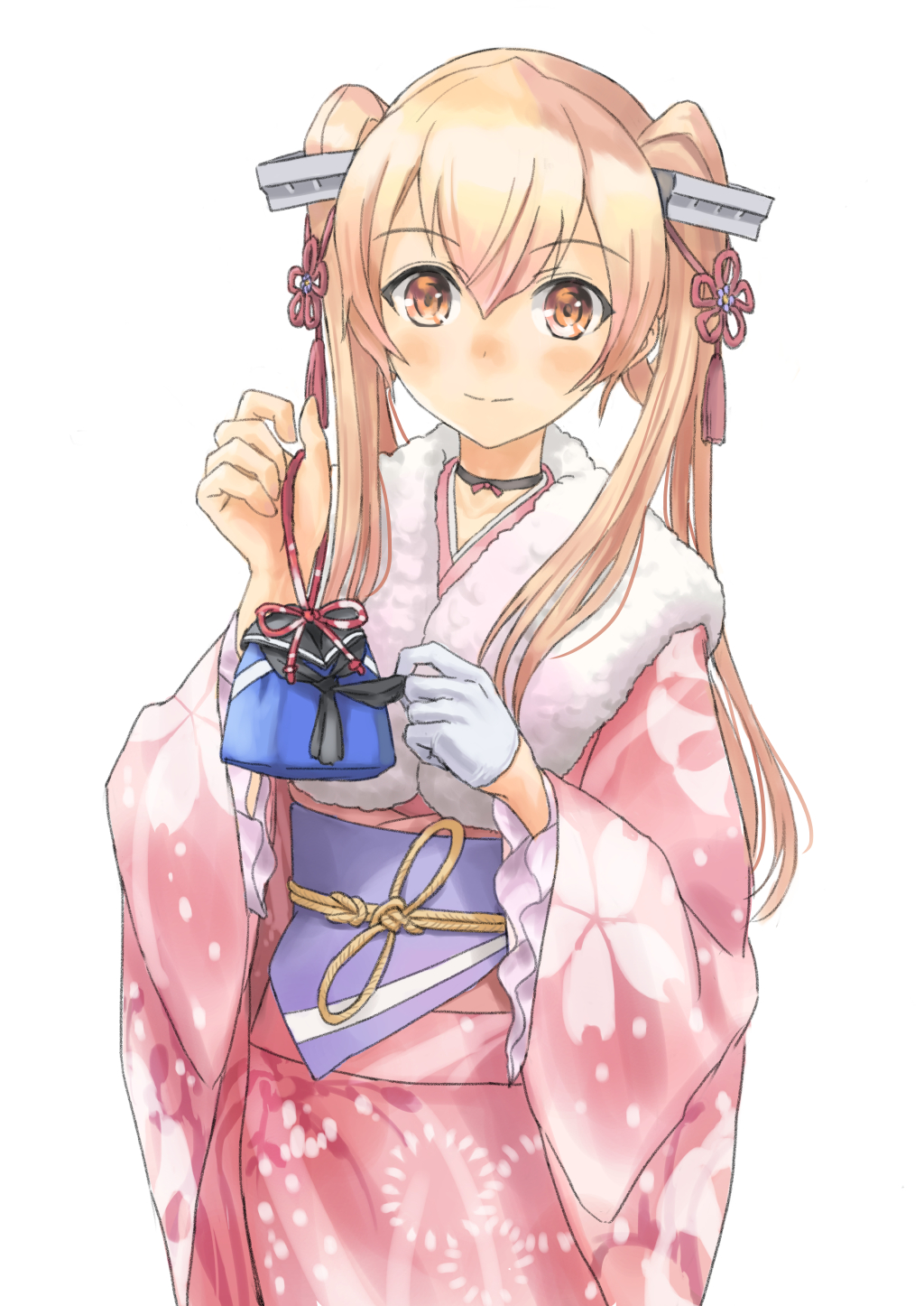 1girl, bag, brown_eyes, cowboy_shot, floral_print, fur-trimmed_kimono, fur_trim, gloves