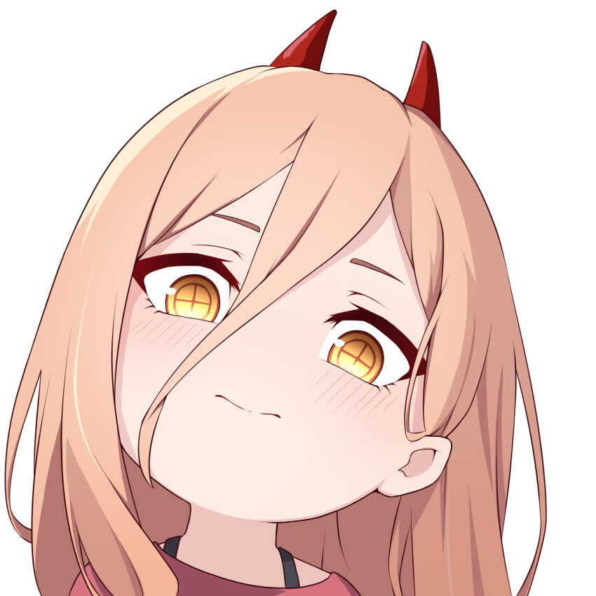 1girl, blush, casual, chainsaw_man, chibi, closed_mouth, commentary, cross-shaped_pupils, demon_girl, demon_horns, hair_between_eyes, highres, horns, long_bangs, long_hair, looking_at_viewer, meme, narchiart, pink_hair, portrait, power_(chainsaw_man), red_shirt, shirt, smug, solo, strap, symbol-shaped_pupils, t-shirt, upper_body, white_background, yellow_eyes