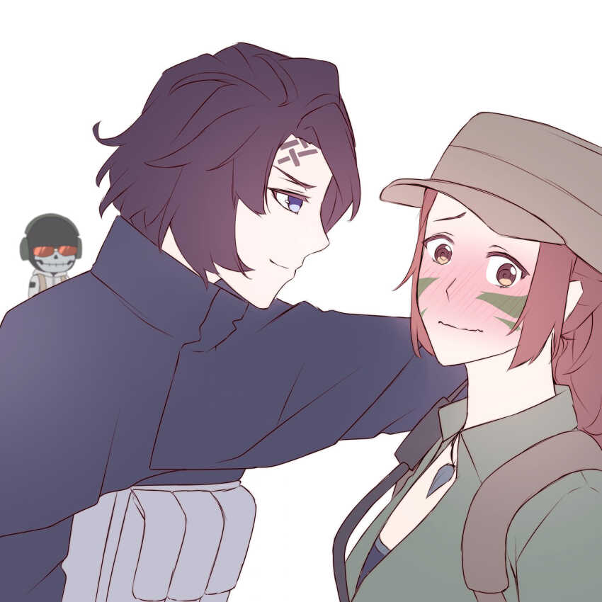 1boy, 2girls, ammunition_pouch, averting_eyes, blue_eyes, blue_jacket, blush, brown_eyes