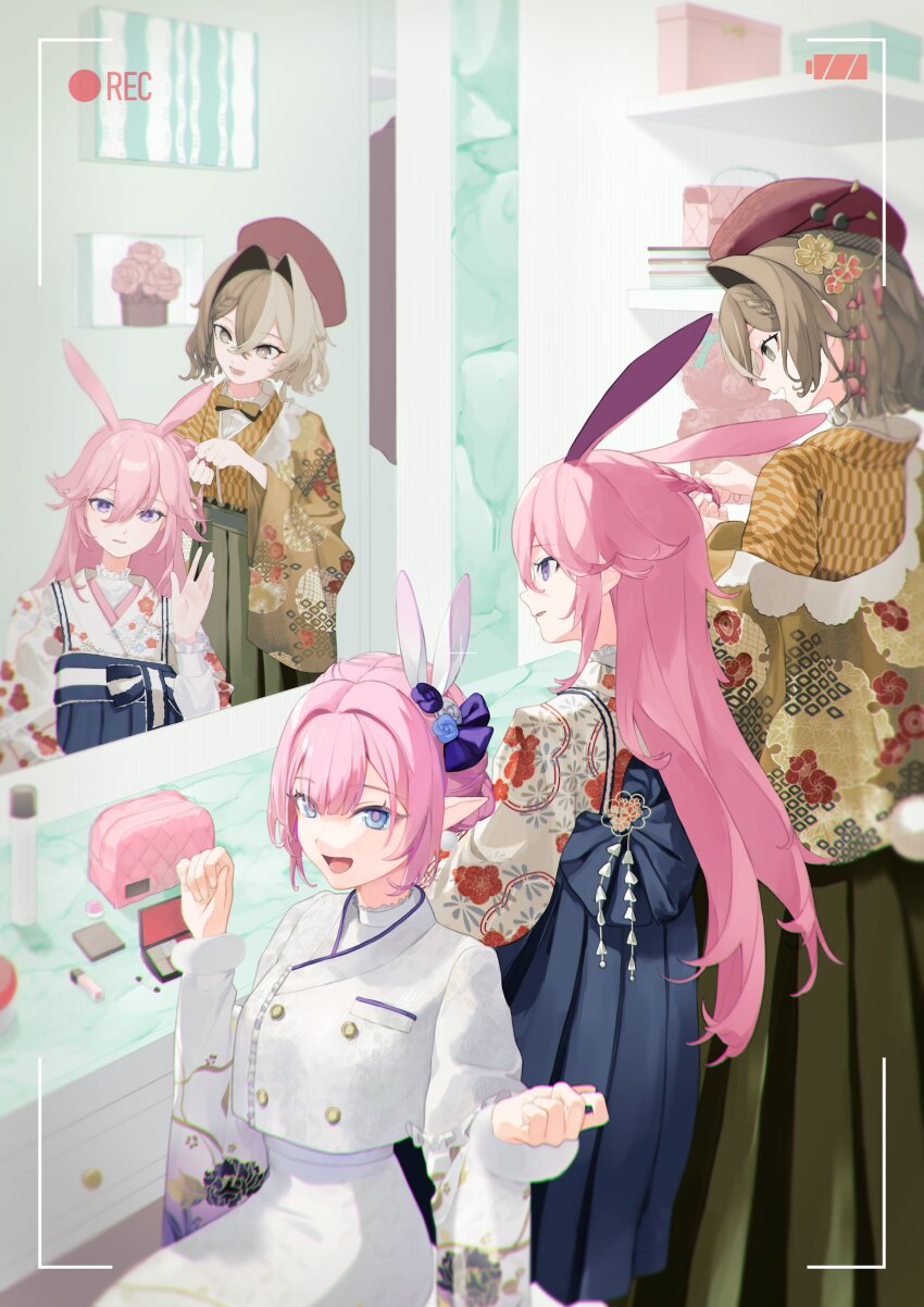 3girls, :d, absurdres, adjusting_hair, animal_ears, blue_eyes, brown_hair, brown_hanbok