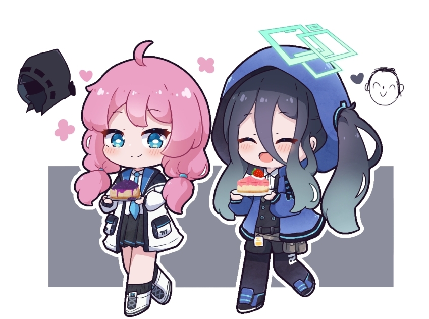 1boy, 1other, 2girls, :d, ^_^, ahoge, aqua_halo, aris_(blue_archive)