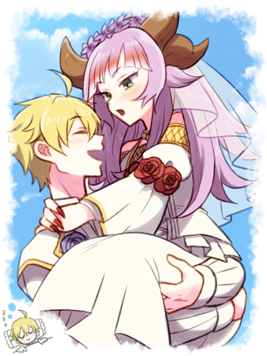 1boy, 1girl, :d, ^_^, ahoge, apo_518, ares_(rune_factory), bare_shoulders, blanket, blonde_hair, blue_flower, blue_rose, blue_sky, blush, bridal_veil, bride, brown_horns, carrying, closed_eyes, closed_mouth, cloud, day, detached_sleeves, dragon_girl, dragon_horns, dreaming, dress, eyelashes, fingernails, flower, gradient_hair, green_eyes, groom, head_on_pillow, head_wreath, highres, horns, jewelry, juliet_sleeves, long_fingernails, long_hair, long_sleeves, looking_at_another, multicolored_hair, multiple_horns, necklace, open_mouth, pillow, princess_carry, puffy_sleeves, purple_flower, purple_hair, radea_(rune_factory), red_flower, red_hair, red_nails, red_rose, rose, rune_factory, rune_factory_5, see-through_clothes, sharp_fingernails, short_hair, sky, sleeping, smile, tsurime, two-tone_hair, u_u, under_covers, veil, wedding_dress, white_dress, white_sleeves, zzz