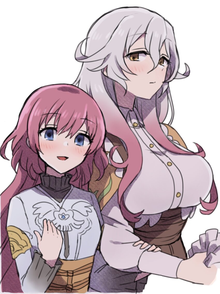 2girls, apo_518, blue_eyes, blush, breasts, buttons, cape, closed_mouth, collared_shirt, elsje_(rune_factory), gradient_hair, grey_hair, hair_between_eyes, hand_on_another's_arm, hand_up, highres, large_breasts, long_hair, long_sleeves, multicolored_hair, multiple_girls, open_mouth, orange_cape, pink_hair, pink_shirt, priscilla_(rune_factory), rune_factory, rune_factory_5, shirt, siblings, simple_background, sisters, smile, two-tone_hair, underbust, wavy_hair, white_background, white_shirt, yellow_eyes