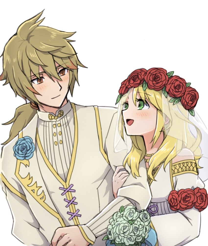 1boy, 1girl, :d, alice_(rune_factory), apo_518, blonde_hair, blue_flower, blue_rose