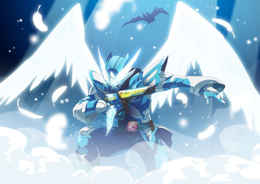 1boy, angel_wings, armor, black_background, blue_armor, bodysuit, commentary_request, compound_eyes