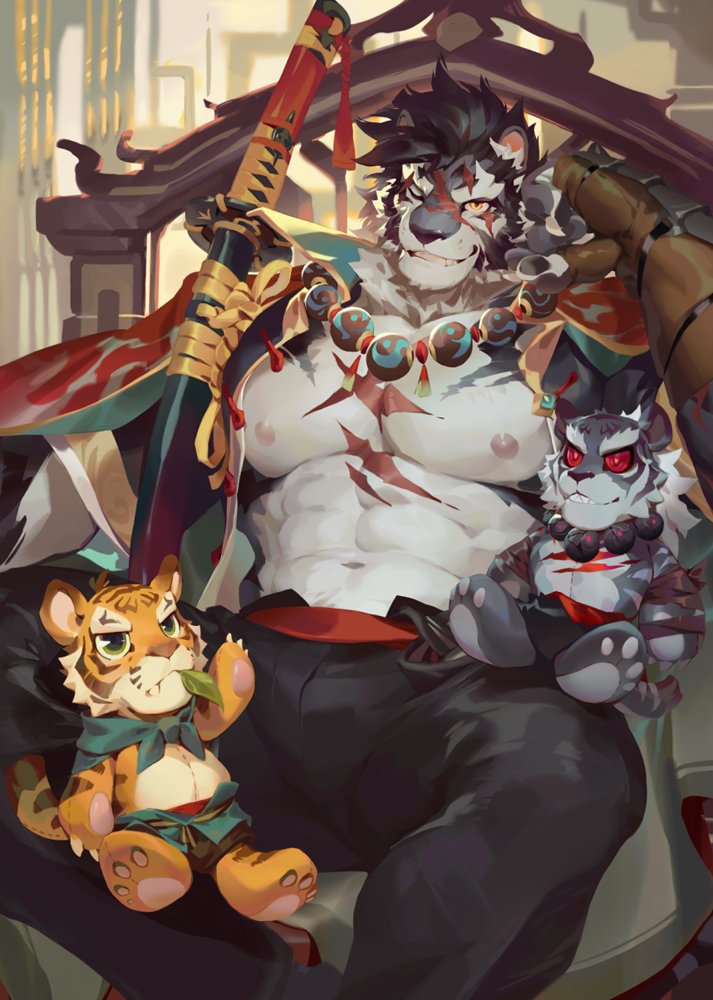 1boy, bara, character_doll, doll, furry, furry_male, head_on_hand, jewelry, looking_at_viewer, male_focus, multiple_scars, necklace, null-ghost, official_art, one_eye_closed, onsen, pang_(sdorica), scar, sdorica, sitting, solo, stuffed_animal, stuffed_toy, thighs, tiger, weapon, yao_(sdorica)