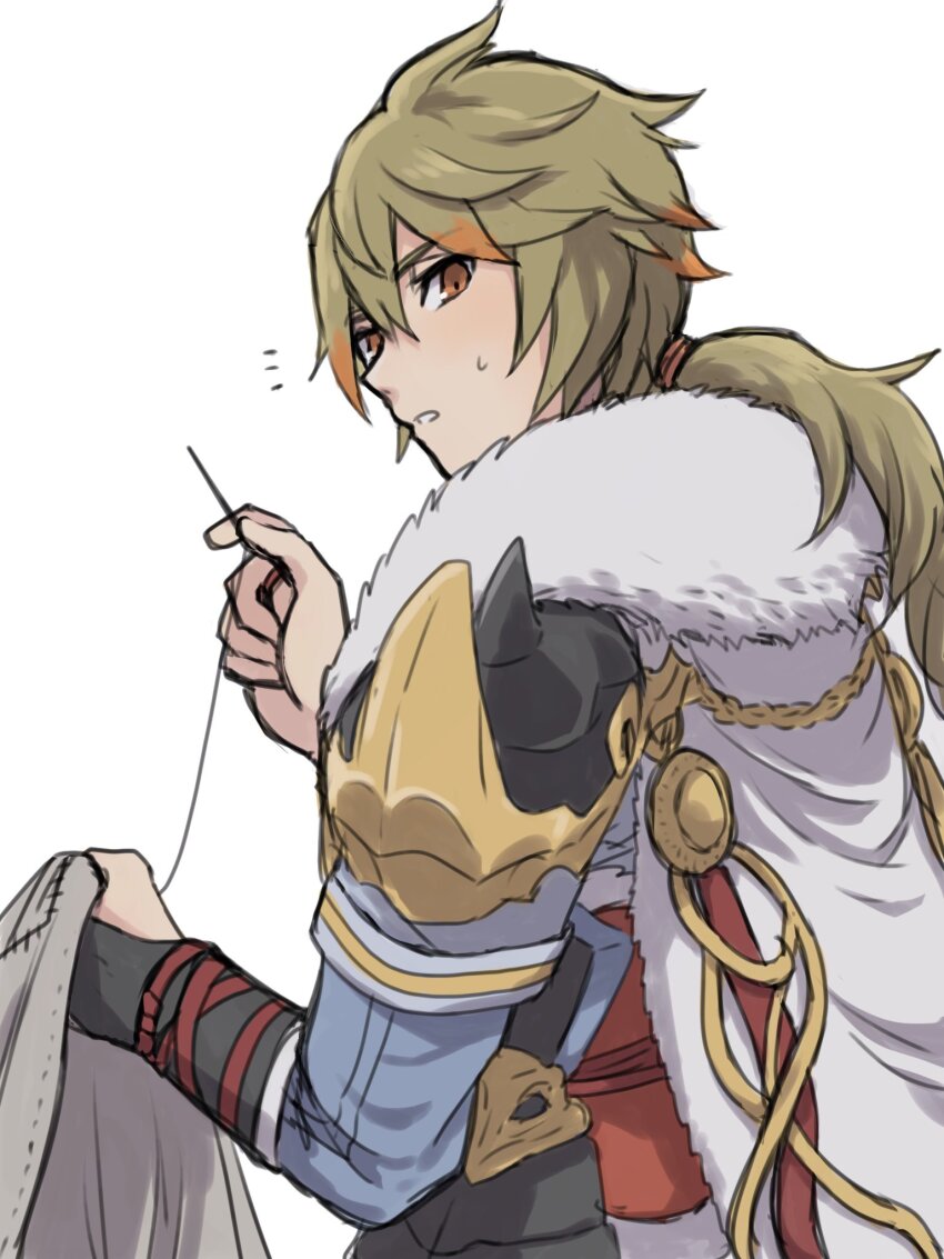 1boy, apo_518, armor, black_bridal_gauntlets, bridal_gauntlets, cape, fur_collar, green_hair