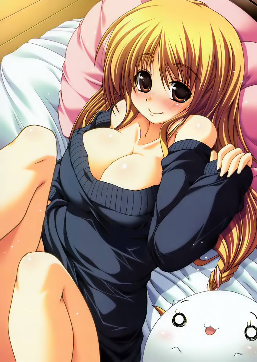1girl, bare_shoulders, blonde_hair, blush, breasts, brown_eyes, cleavage, dress