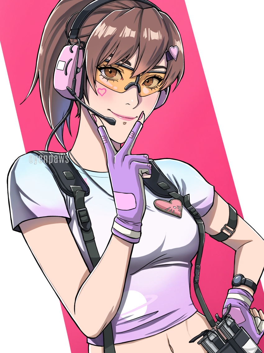 1girl, ammunition_pouch, arm_strap, artist_name, badge, blue_shirt, brown_eyes, brown_hair, button_badge, call_of_duty, call_of_duty:_mobile, closed_mouth, commentary, deviantart_username, english_commentary, eyelashes, facial_mark, fingerless_gloves, fingernails, gloves, gradient_clothes, gradient_shirt, hair_ornament, hand_on_own_cheek, hand_on_own_face, hand_on_own_hip, headset, heart, heart_facial_mark, heart_hair_ornament, highres, instagram_username, long_fingernails, looking_at_viewer, magazine_(weapon), medium_hair, midriff, mizushima_naomi, multicolored_shirt, nail_polish, navel, oyenpaws, pink_background, pink_lips, pink_nails, pink_shirt, ponytail, pouch, purple_gloves, safety_glasses, shirt, short_sleeves, smile, solo, t-shirt, tinted_eyewear, twitter_username, two-tone_background, upper_body, v, watch, white_background, white_shirt, wristwatch, yellow-tinted_eyewear