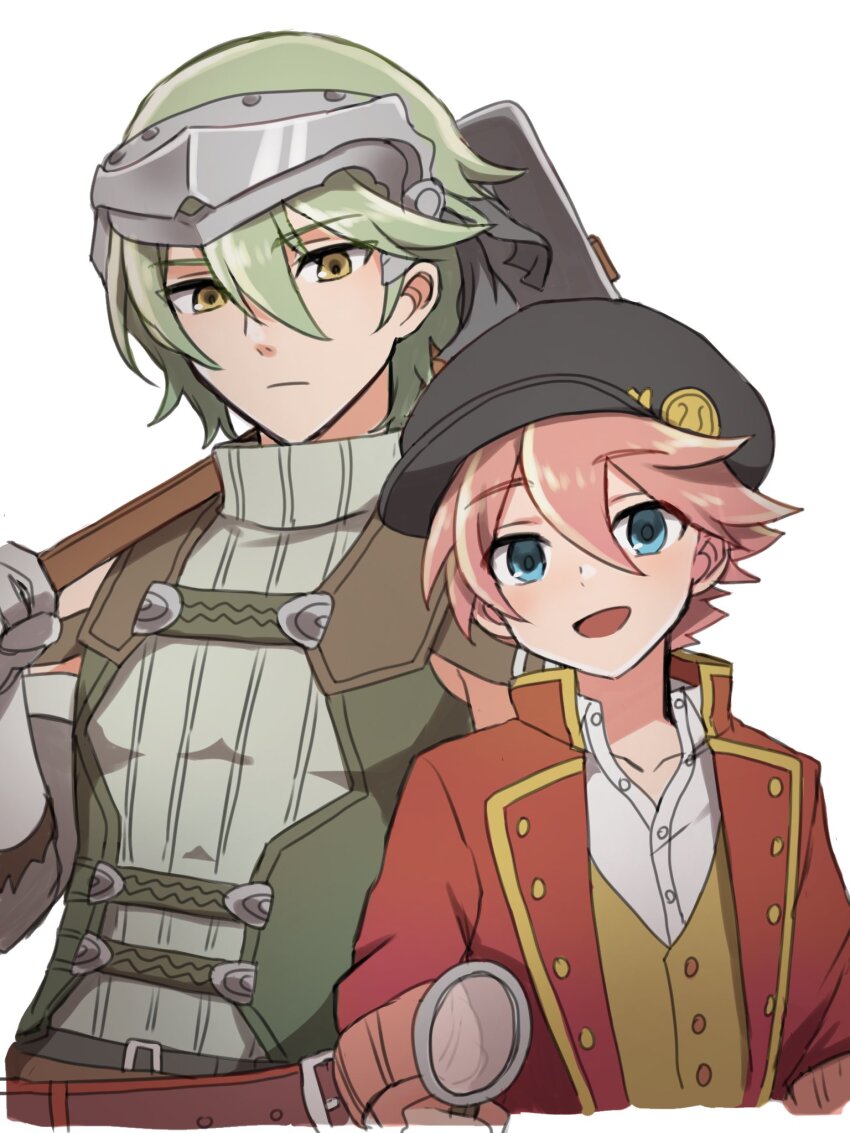 2boys, :d, apo_518, belt, belt_buckle, black_headwear, blue_eyes, brothers, buckle, cecil_(rune_factory), closed_mouth, hair_between_eyes, hammer, hat, highres, holding, holding_hammer, holding_magnifying_glass, jacket, light_green_hair, looking_at_viewer, magnifying_glass, martin_(rune_factory), multiple_boys, open_clothes, open_jacket, open_mouth, over_shoulder, pink_hair, red_jacket, rune_factory, rune_factory_5, shirt, short_hair, siblings, simple_background, smile, turtleneck, vest, white_background, white_shirt, yellow_eyes, yellow_vest