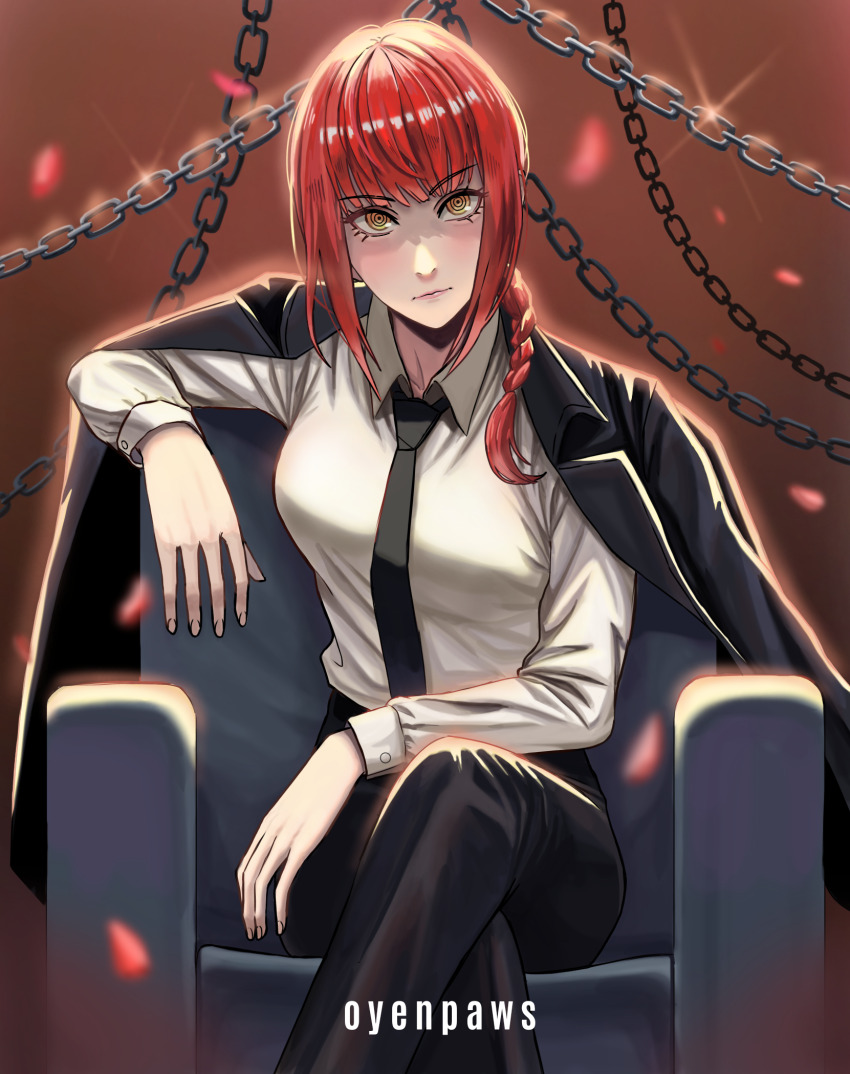 1girl, arm_rest, artist_name, black_jacket, black_necktie, black_pants, black_suit, braid