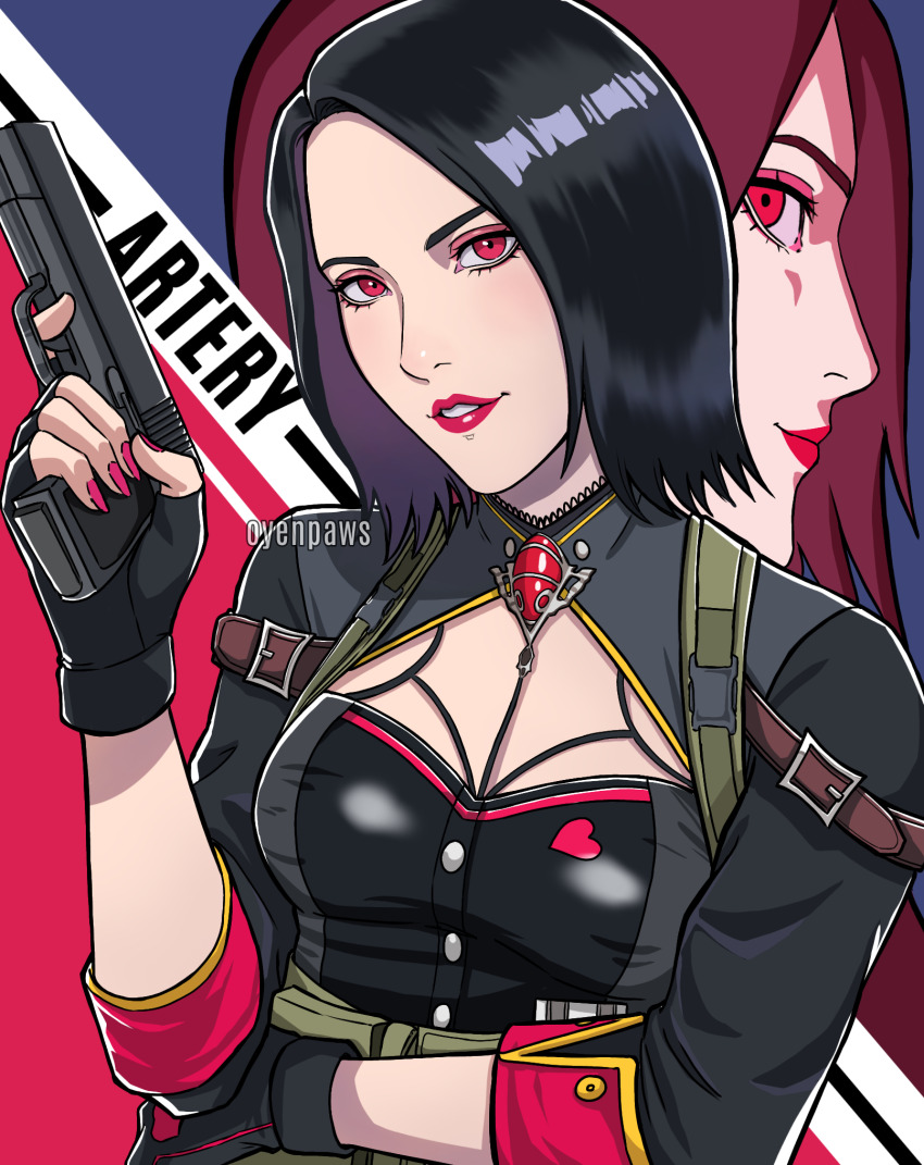 1girl, ammunition_pouch, anna_buckler, artist_name, black_corset, black_gloves, black_hair, black_jacket