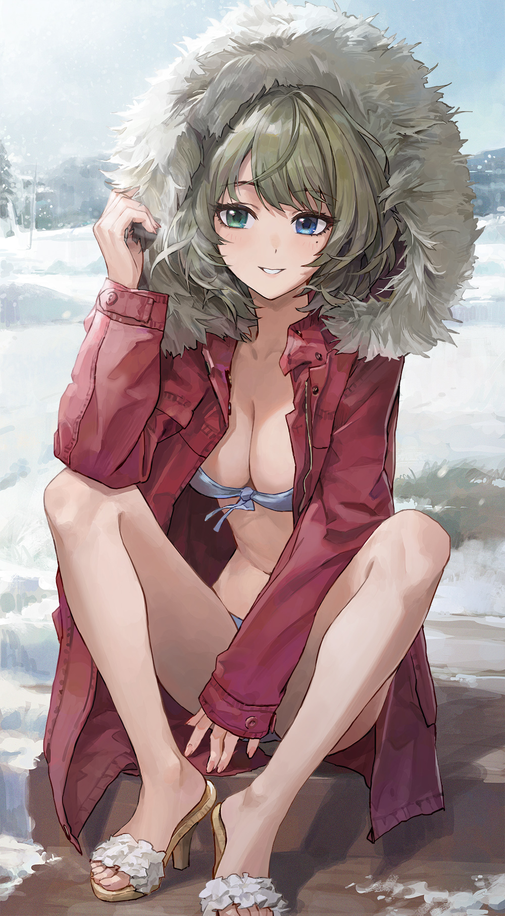 1girl, bare_legs, bikini, bikini_under_clothes, blue_eyes, breasts, cleavage, elbow_rest