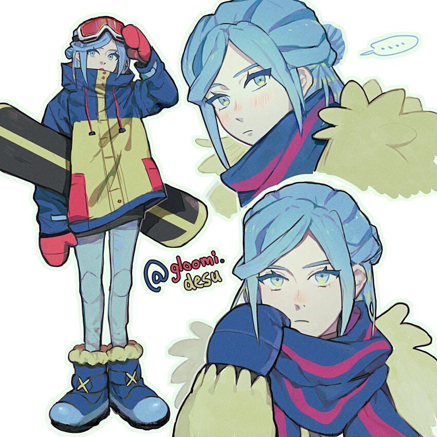 1boy, alternate_costume, androgynous, blue_eyes, blue_footwear, blue_hair, blue_mittens, blush