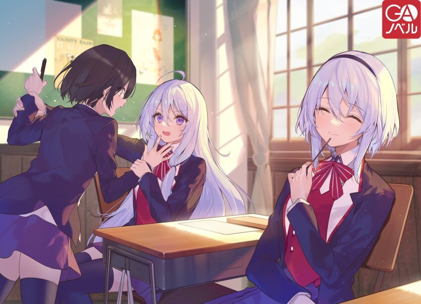 3girls, ahoge, amnesia_(majo_no_tabitabi), black_hair, black_thighhighs, classroom, elaina_(majo_no_tabitabi), food