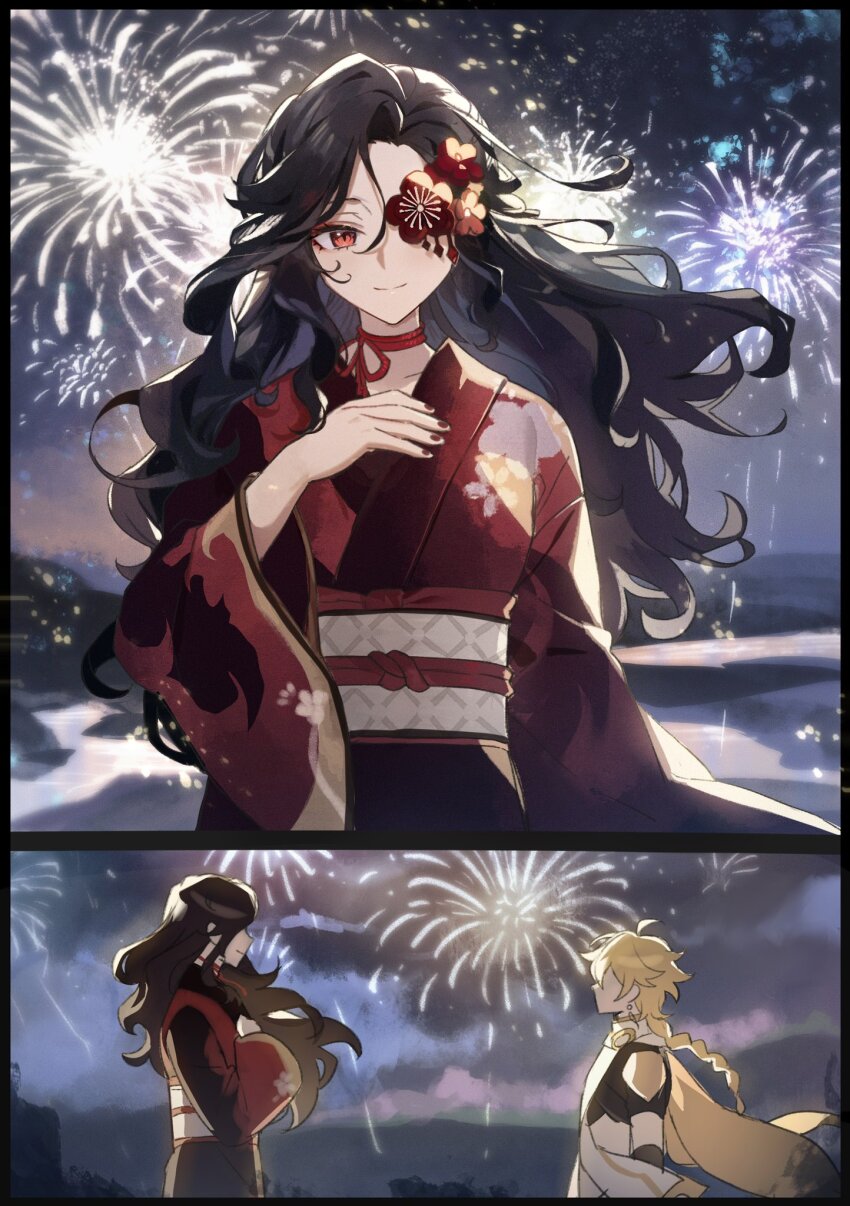 1boy, 1girl, aether_(genshin_impact), black_hair, blonde_hair, braid, choker, comic